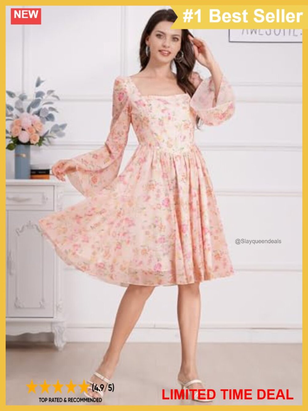 Floral Chiffon Bell Sleeve Square Neck Ruffle Mini Dress - Picture 2 of 6